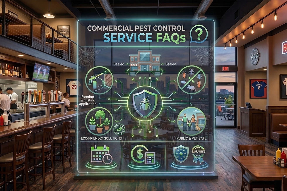 Graphic of commercial pest control service FAQs inside a restaurant with pest control icons and business-focused service symbols