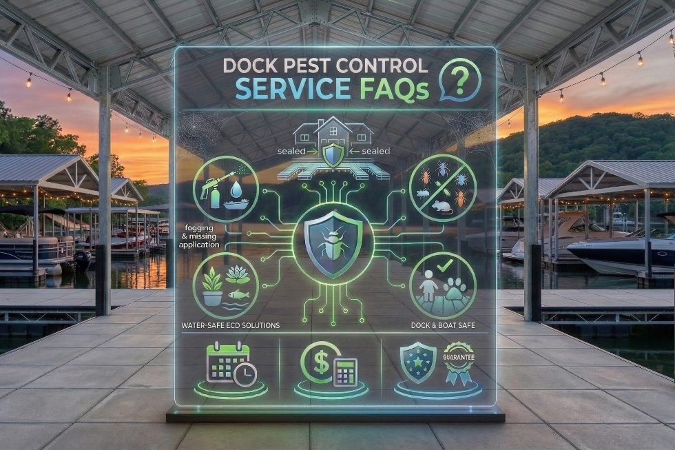 Dock pest control FAQ graphic with covered docks, boats, and pest control service icons