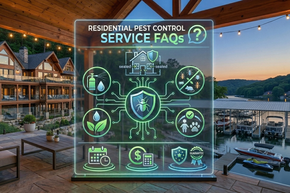 Illustration of residential pest control service FAQs at Lake of the Ozarks with lakefront homes, dock, and pest control icons